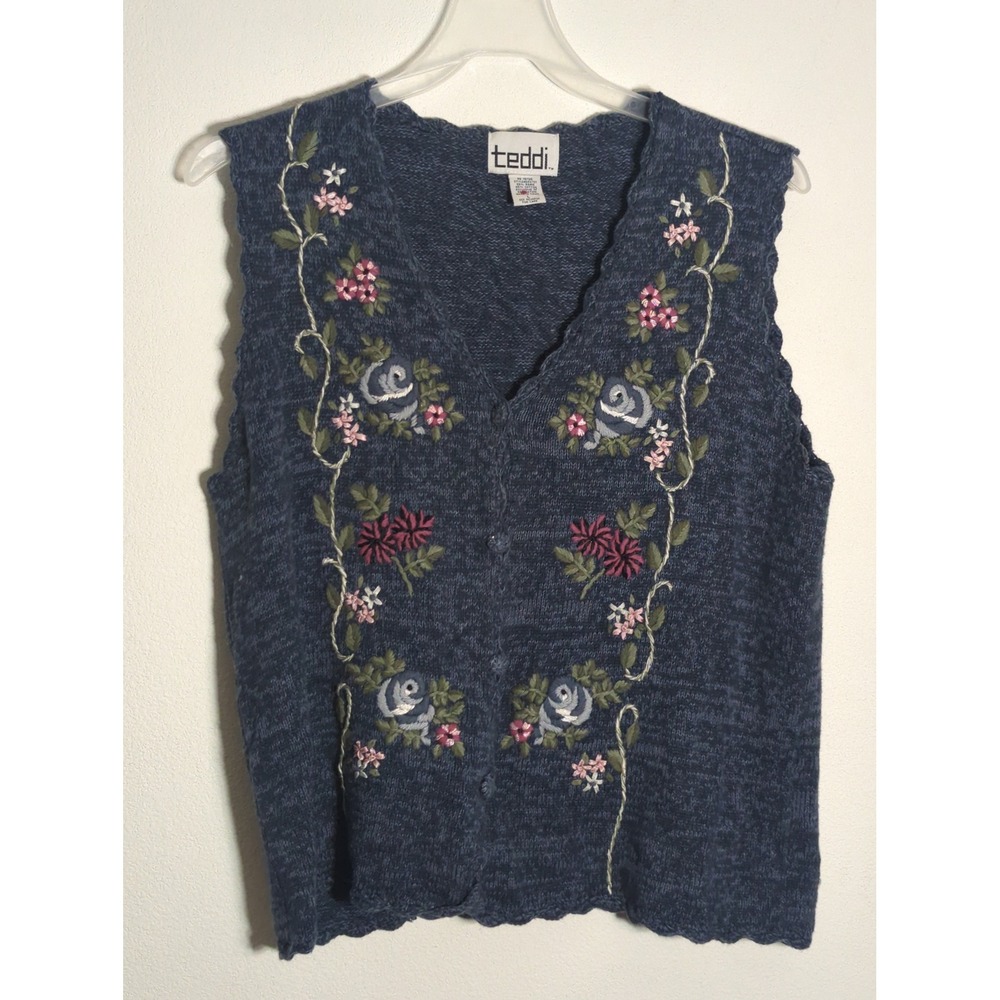 Vintage 90s Teddi Floral Embroidered Knit Vest Cottagecore Grannycore Large
